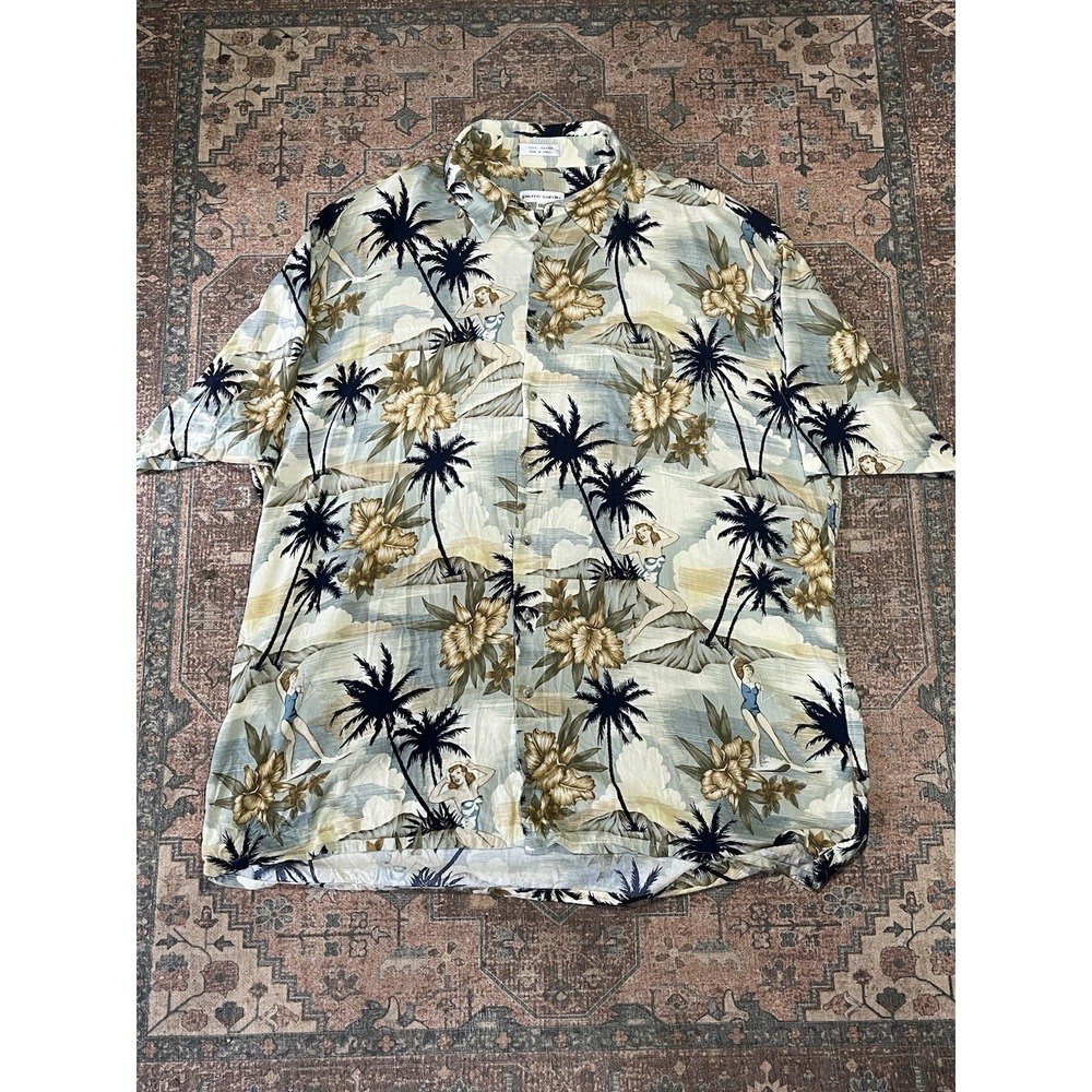 VTG Pierre Cardin Hawaiian Shirt Mens XXLT Pinup Girl Palm Tree 100% Rayon Tall